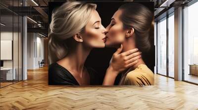 portrait of two women in love kissing on black background	 Wall mural