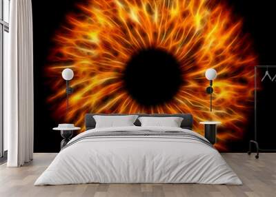 Illustration of a fire red electrify human iris on black background. Digital artwork creative graphic design. Wall mural