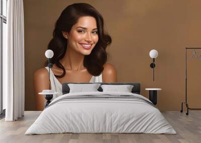 studio portrait of brunette woman wearing a white dress on brown background	 Wall mural