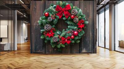 This elegant scene features a lush green wreath adorned with vibrant red bows and shiny baubles, beautifully placed on a rustic wooden door, inviting guests into a cozy holiday setting. Wall mural