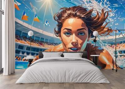 woman wearing blue swimwear swimming in the swimming pool Wall mural