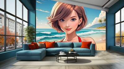 woman with short hair and red bikini on the beach, cartoon style Wall mural