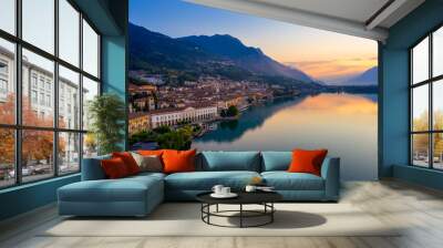 Aerial view of Lake Iseo at sunrise, on the left the city of lovere which runs along the lake,Bergamo Italy. Wall mural