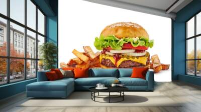 Hamburger with french fries on white Wall mural