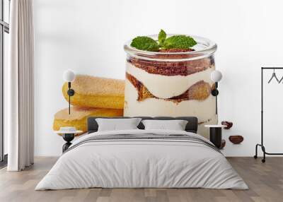 Jar with layered tiramisu cake and savoyardy cookies on white Wall mural