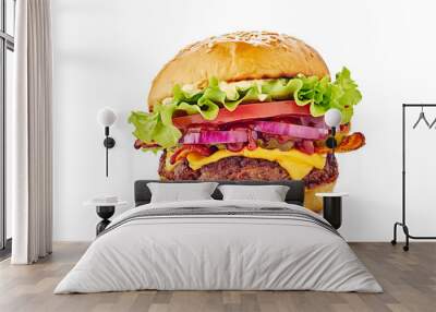 Juicy hamburger on white background Wall mural