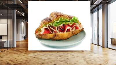 Plate with croissant sandwich with jamon of ham and lettuce on white Wall mural