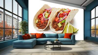 Two tacos with ground beef and lime on white background Wall mural