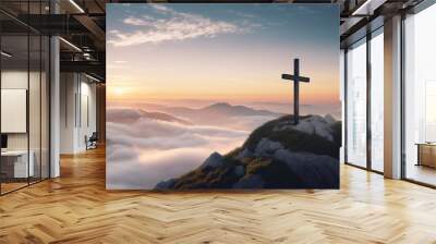 a cross on top of a mountain in the rays of the sun, the power of faith. generative ai, Wall mural