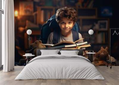 a little boy is reading a book. fairy tale background. back to school. generative ai. Wall mural