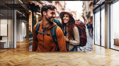 a man and a woman in hats are looking at the old city. happy travel concept. generative ai. Wall mural