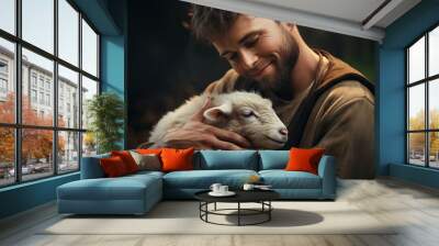 a man holds a small sheep in his arms. farm. generative ai. Wall mural