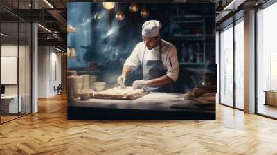 a man prepares a cake in a pastry shop. . generative ai. Wall mural