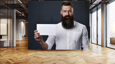 Bearded Man Presenting Blank Card Wall mural