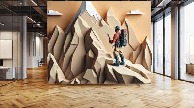 cardboard style. a man with mountain equipment climbs a mountain. travel concept. mountain hike. generative ai. Wall mural