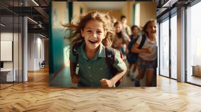 cheerful children run along the corridors of the school. back to school generative ai. Wall mural