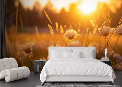 Golden sunset over a tranquil field with blooming wildflowers and tall grasses, evoking a warm, peaceful summer evening. Wall mural