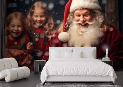 happy santa with children near the fireplace on christmas night. Wall mural