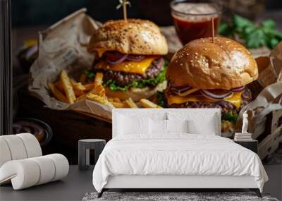 Juicy cheeseburgers with lettuce and tomato, served with golden fries on a wooden table, with a blurred background. Wall mural