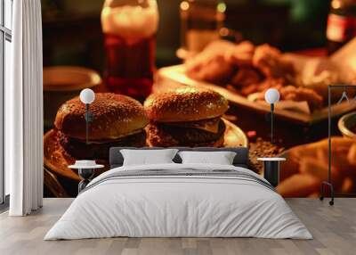 Juicy cheeseburgers with lettuce and tomato, served with golden fries on a wooden table, with a blurred background. Wall mural