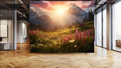 morning rays of the sun shine on a meadow with flowers in the mountains. the beauty of nature. generative ai. Wall mural