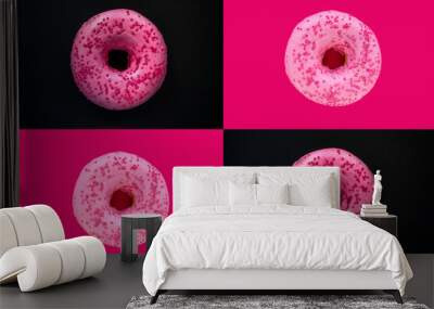 pink donut on a black and pink background. beautiful sweets. Wall mural