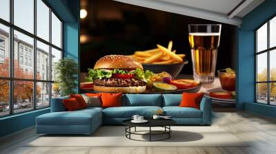 tasty hamburger with fries and drinks on the table on the cafe background. fast food concept. generative ai Wall mural