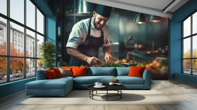 the chef prepares salads in the kitchen in the restaurant. generative ai. Wall mural