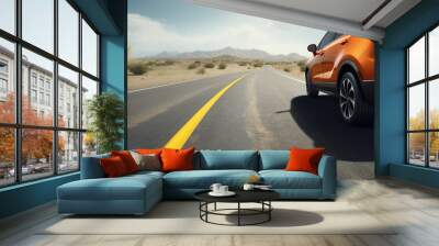 travel concept. orange car on the road. car on a freeway in a beautiful area. generative ai, Wall mural