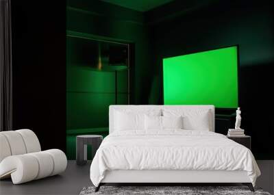 tv in a dark room with a green screen. generative ai. Wall mural