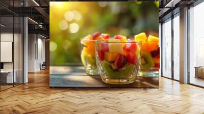 Two bowls of fresh fruit salad on a wooden table with sunlight and bokeh background. Wall mural