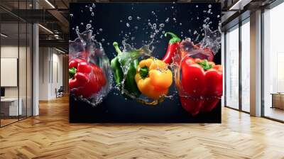 yellow green red pepper in splash of water on black background. fresh vegetables. yellow green red pepper in splash of water on black background. fresh vegetables. Wall mural