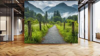 A gravel path winding through a lush, green meadow with wildflowers. Wooden fence posts line the path, leading towards majestic mountains Wall mural