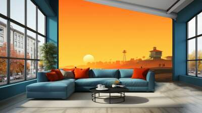 Illustrated Californian Beach Sunset with Lifeguard Tower and Ocean View
 Wall mural