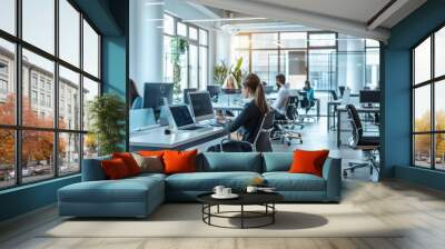 Modern Open-Plan Office with Employees Working at Desks
 Wall mural