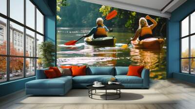 Senior Couple Kayaking on a Serene River Surrounded by Lush Greenery  
 Wall mural