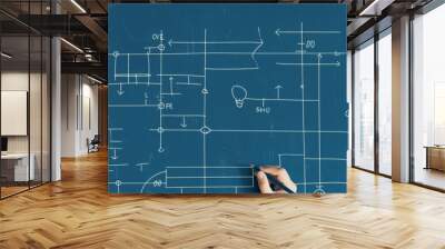 Top down view of blue background with schemas and text diagrammatic drawings 
 Wall mural