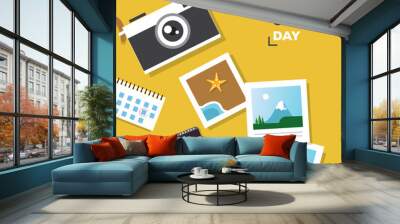 World Photography Day with camera lens world map and film roll.. Planning summer vacations. Holiday, journey. Tourism and vacation theme. Poster. Flat design vector illustration. Wall mural