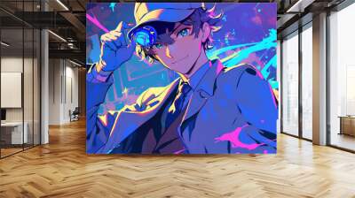 a male detective worker, anime style, cute kawaii, simple, smiling happy, neon psychedelic background Wall mural