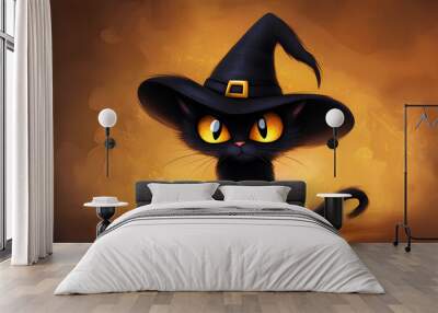 Black cat witch hat cartoon animal Wall mural