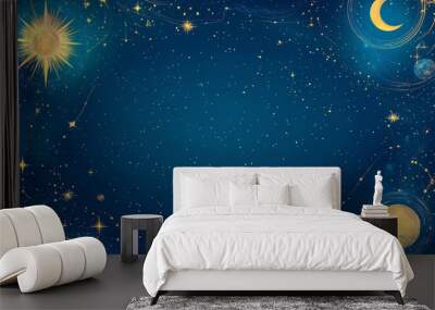 Blue space background with sun, moon and stars with place for text. Magic banner with copy space. Blank for astrology, fortune telling, parties. illustration Wall mural