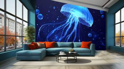 caracter cartoon, Jellyfish or Sea Jelly with Tentacles as Underwater Oceanic Mammal Species Wall mural