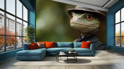 caracter cartoon lizard wears anime style suit and hat Wall mural