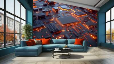 Circuit board, electronics cyberspace background, 3d rendering Wall mural