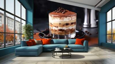 Classic tiramisu dessert in a glass and cup of coffee on concrete background Wall mural