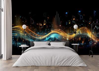 Composition of musical notes, lights, wave and sine patterns on the subject of music, sound equipment and processing, audio performance and entertainment Wall mural