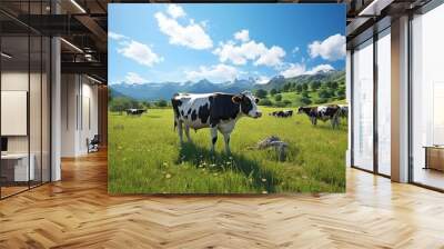 Cows graze on a green meadow in summer Wall mural