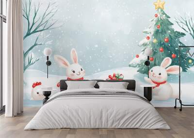 Cute baby animal sliding on frozen river illustration. have fun in winter. little rabbits having fun on the ice rink. Winter holiday background with festive Christmas tree Wall mural