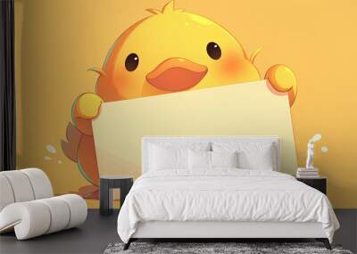 cute duck holding up a blank sign, colorful cartoon character, empty banner,, anime style, cute kawaii, simple, smiling happy. isolated background Wall mural