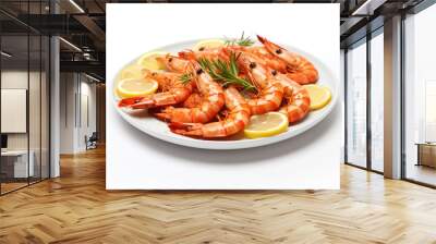 Delicious cooked shrimps served with lemon, pepper and rosemary on white background Wall mural